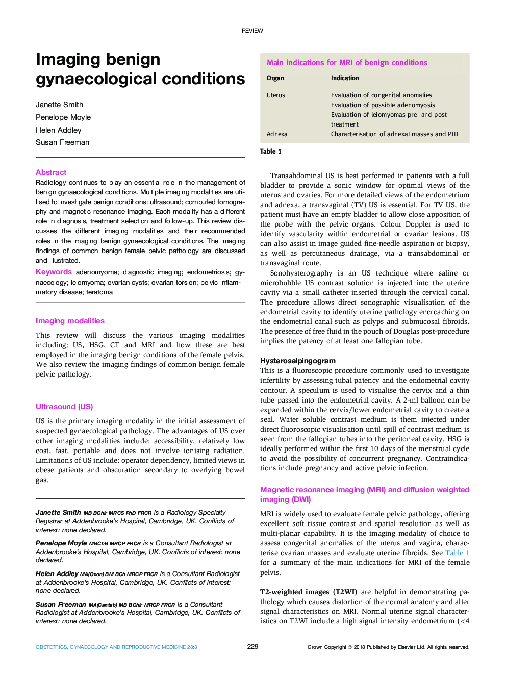 Imaging benign gynaecological conditions