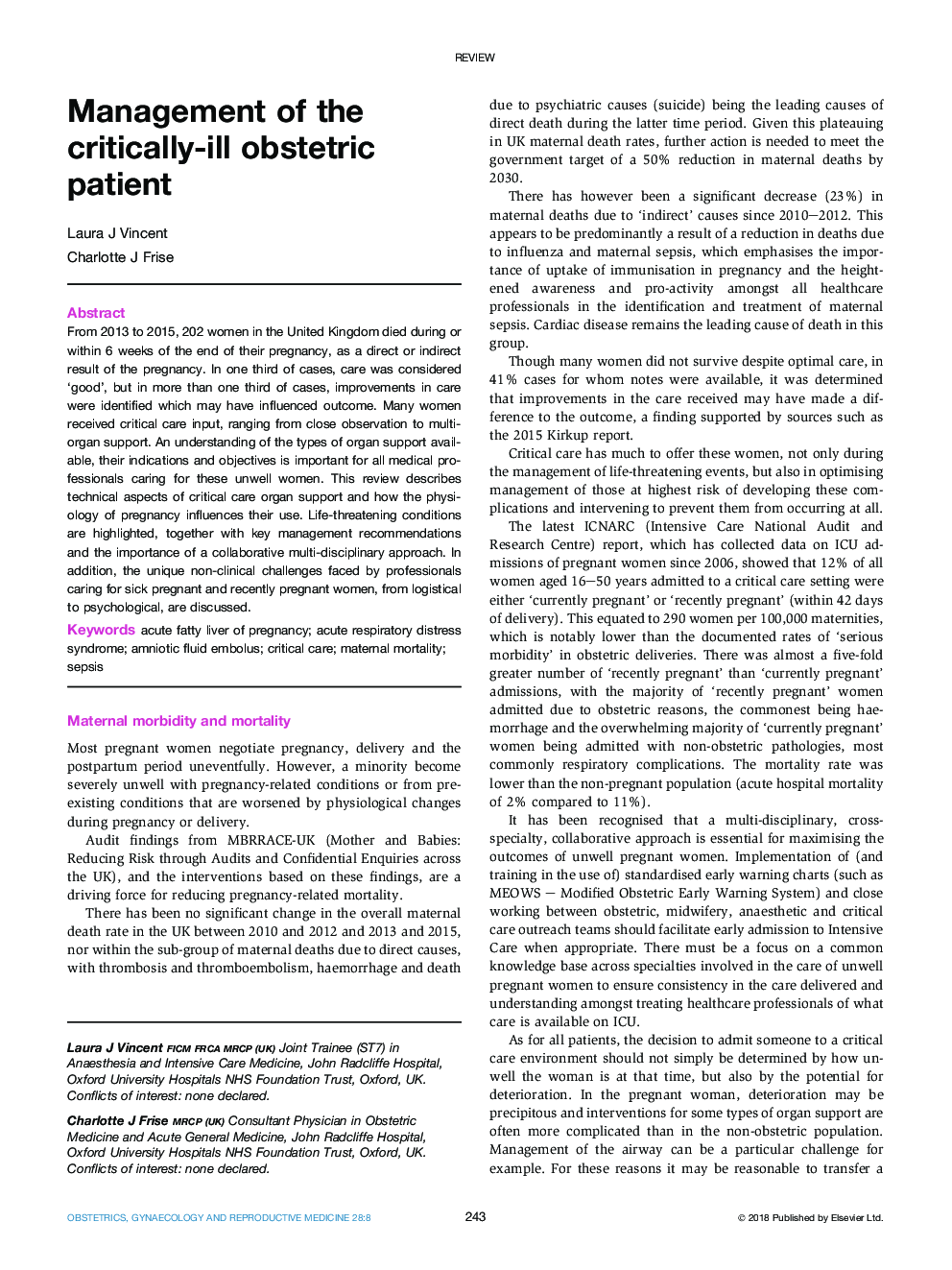 Management of the critically-ill obstetric patient