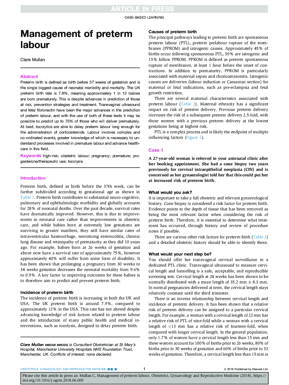 Management of preterm labour