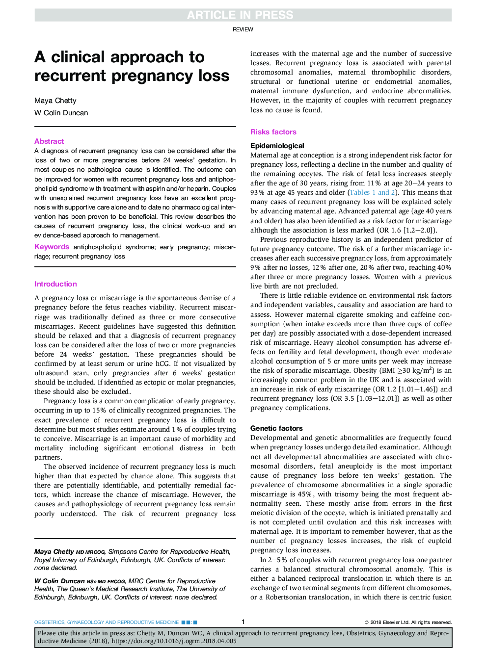 A clinical approach to recurrent pregnancy loss