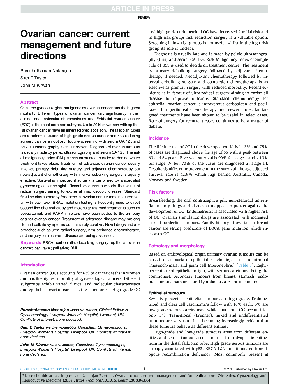 Ovarian cancer: current management and future directions