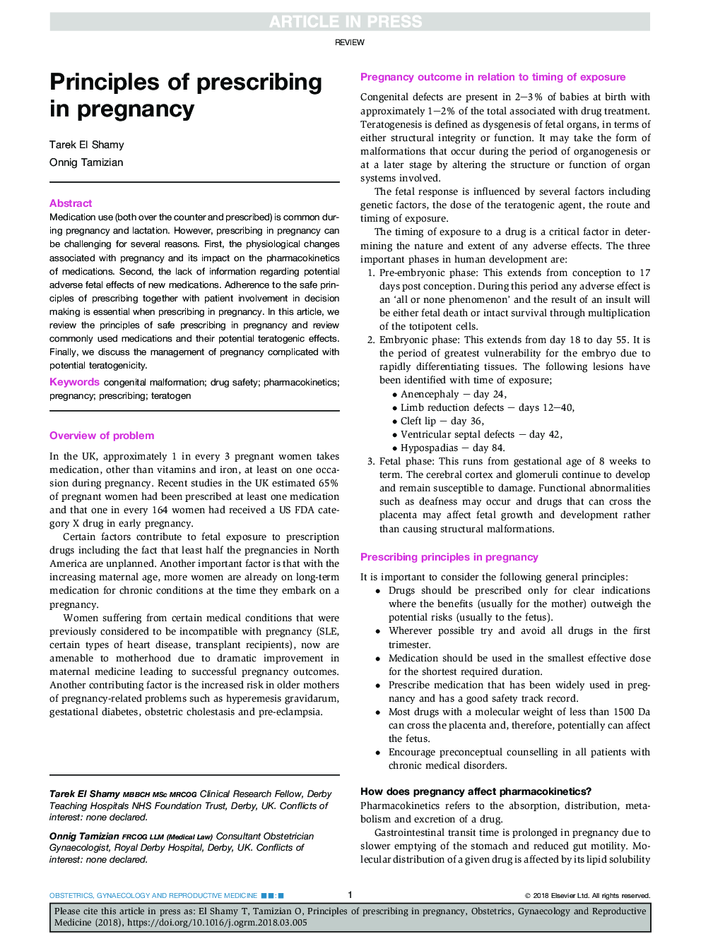 Principles of prescribing in pregnancy