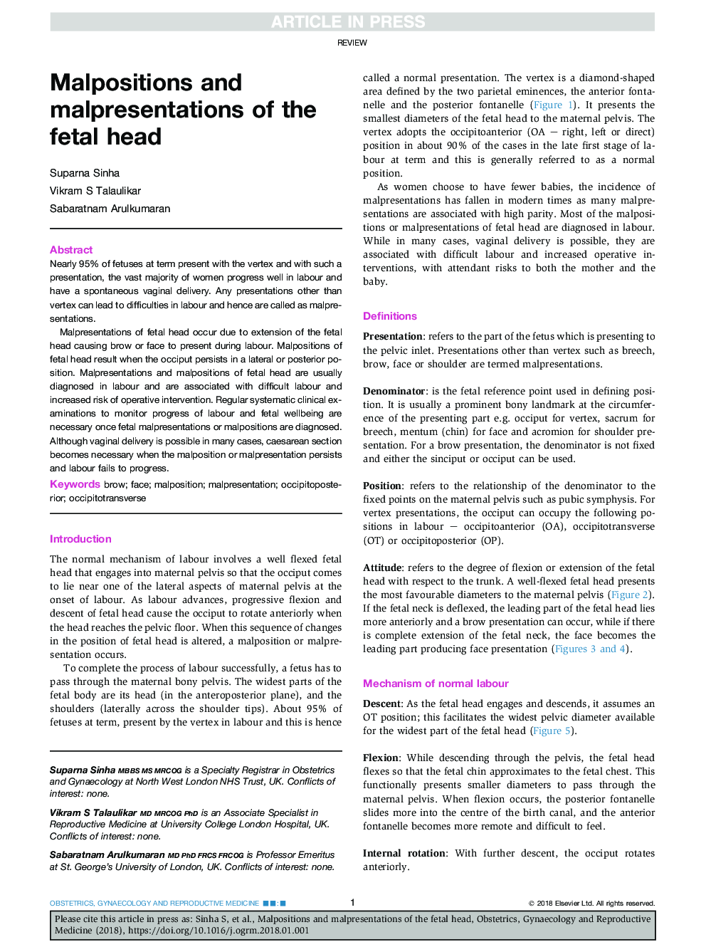 Malpositions and malpresentations of the fetal head