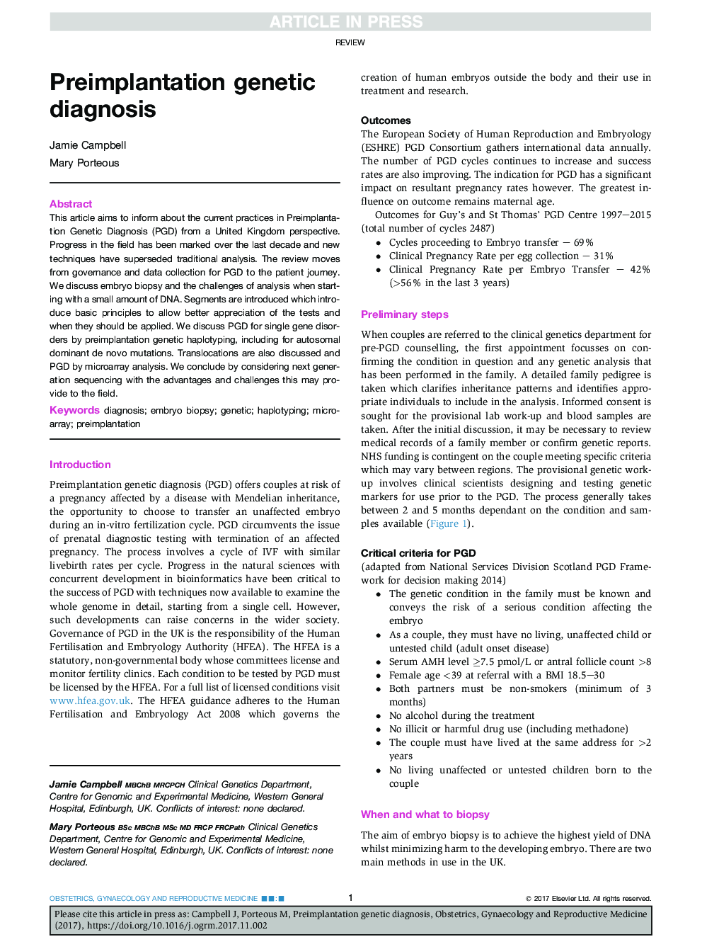 Preimplantation genetic diagnosis