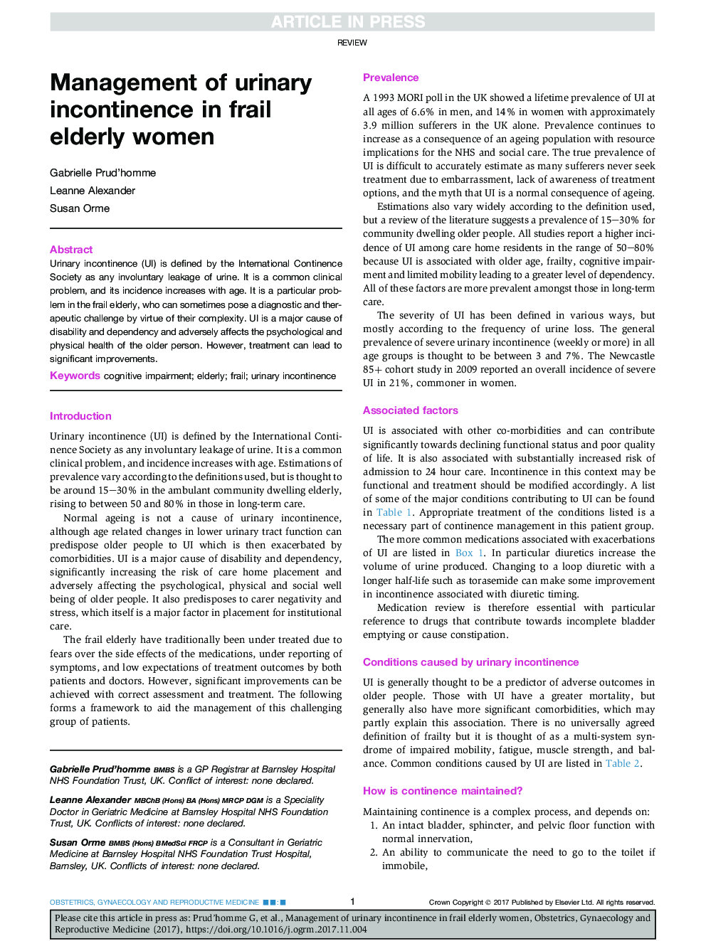 Management of urinary incontinence in frail elderly women