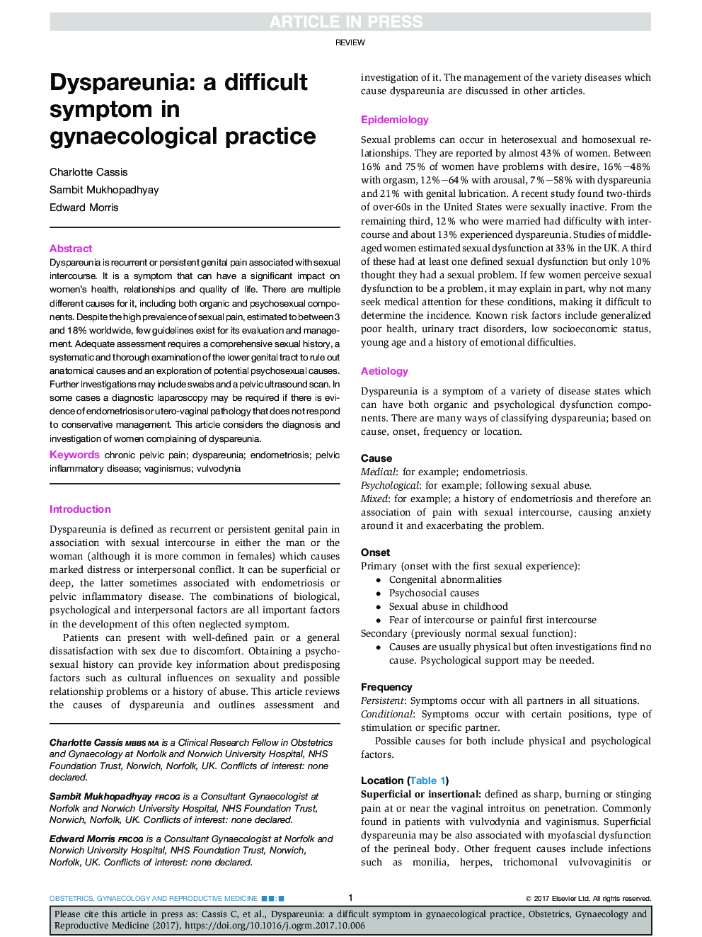 Dyspareunia: a difficult symptom in gynaecological practice