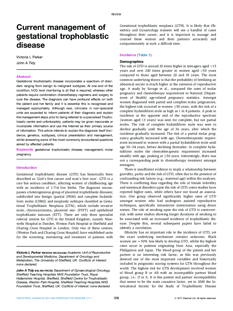 Current management of gestational trophoblastic disease