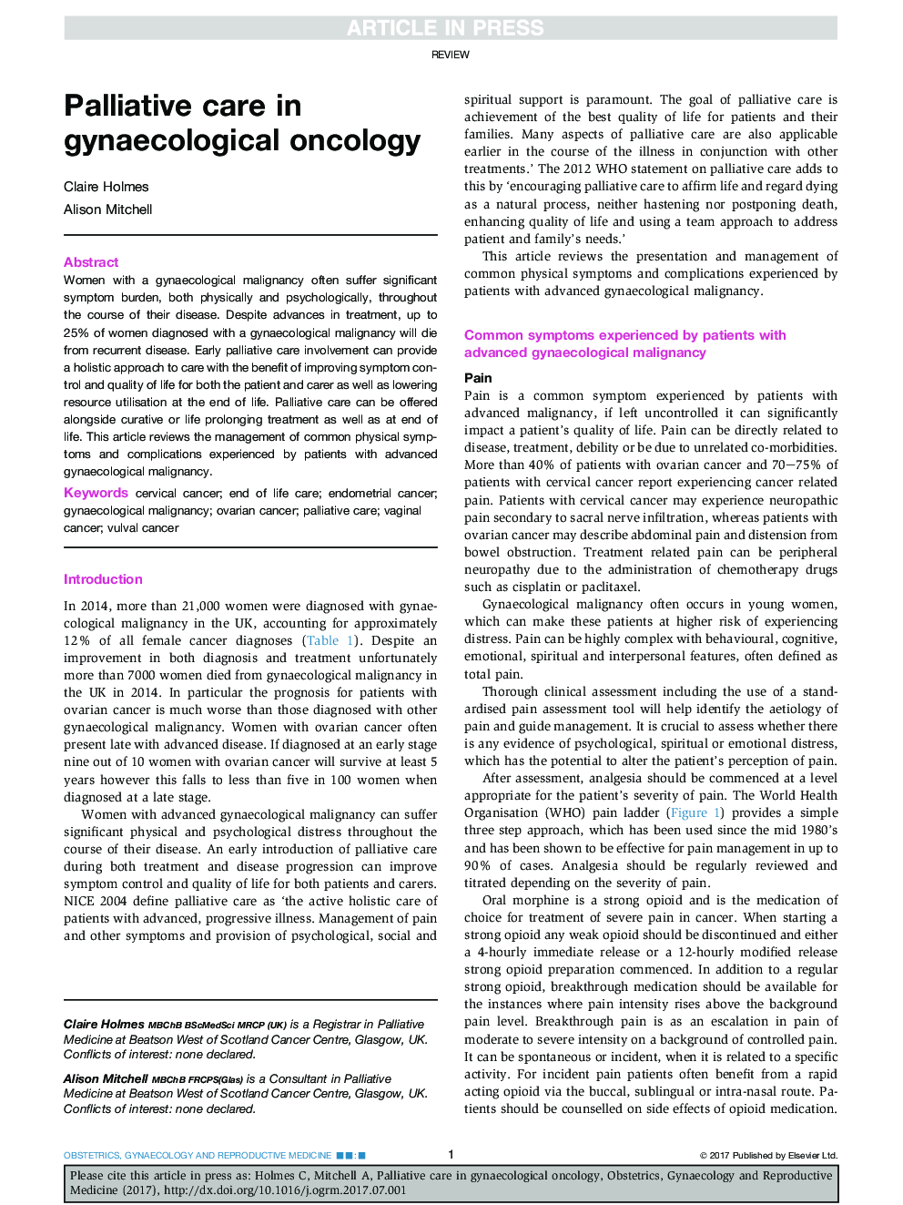 Palliative care in gynaecological oncology