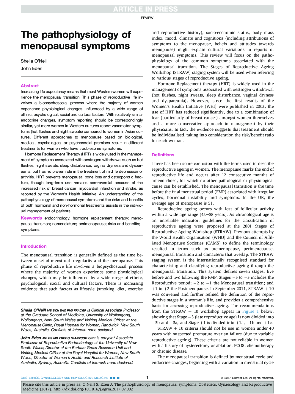 The pathophysiology of menopausal symptoms