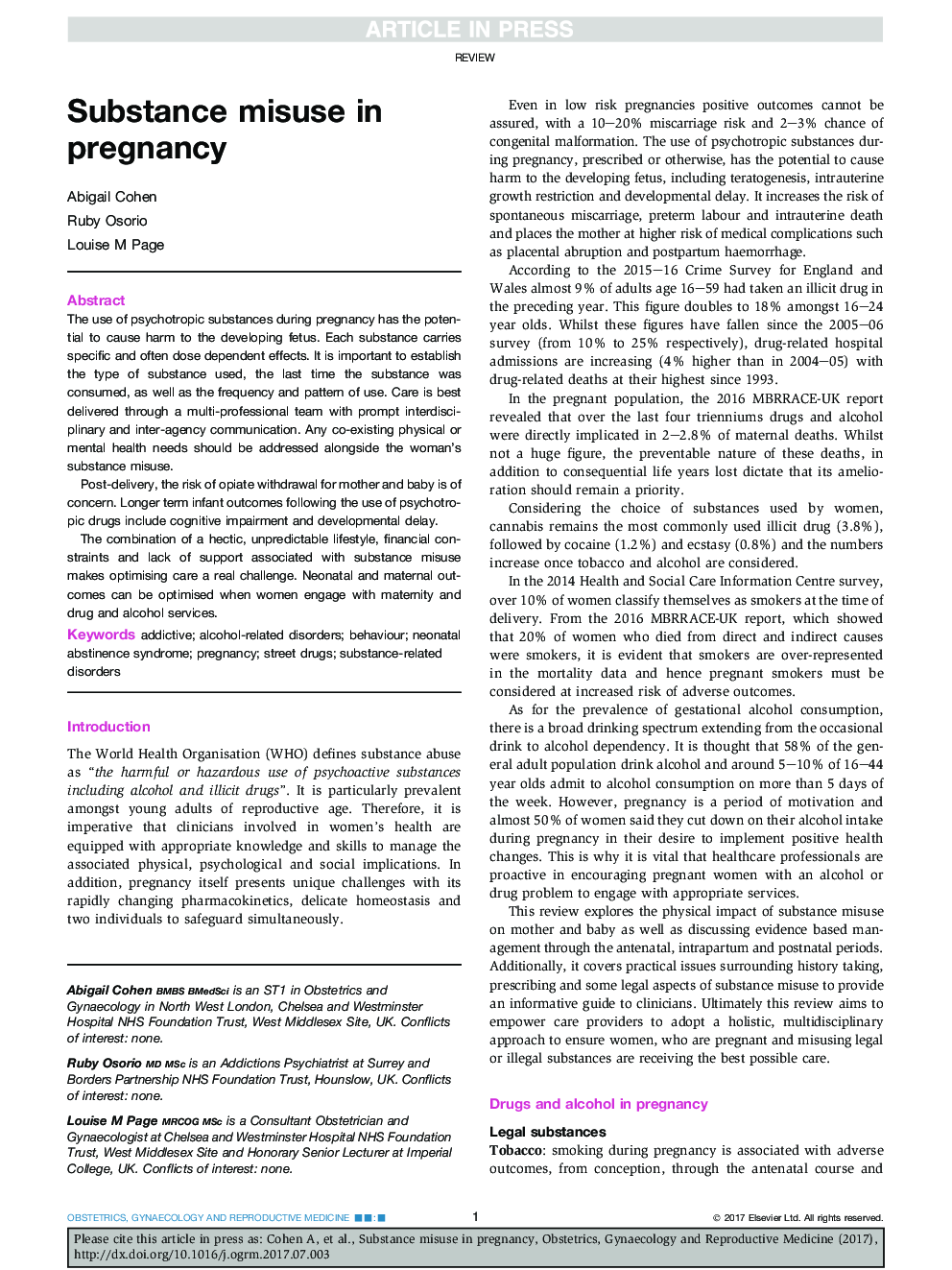 Substance misuse in pregnancy