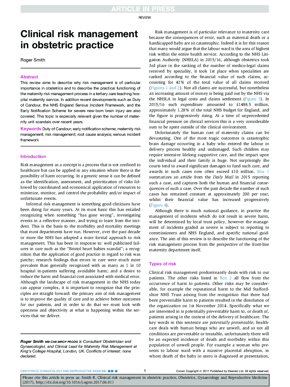 Clinical risk management in obstetric practice