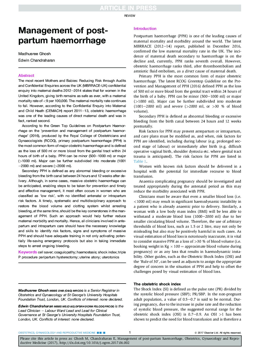 Management of post-partum haemorrhage