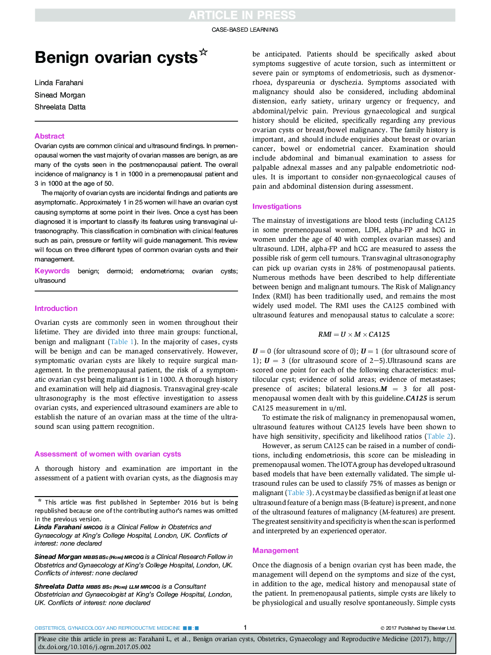 Reprint of: Benign ovarian cysts