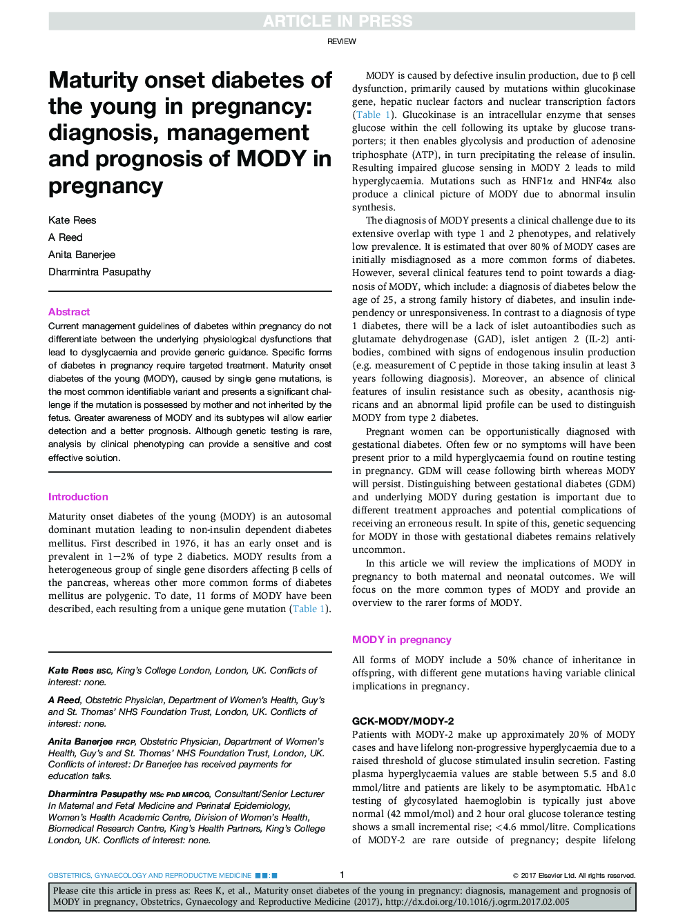 Maturity onset diabetes of the young in pregnancy: diagnosis, management and prognosis of MODY in pregnancy