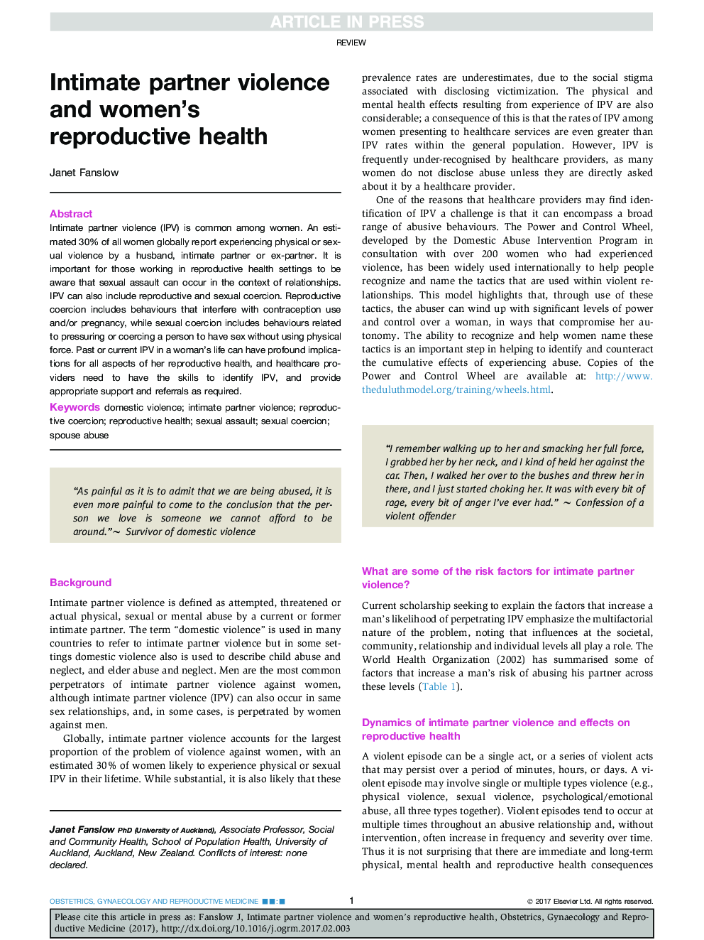 Intimate partner violence and women's reproductive health