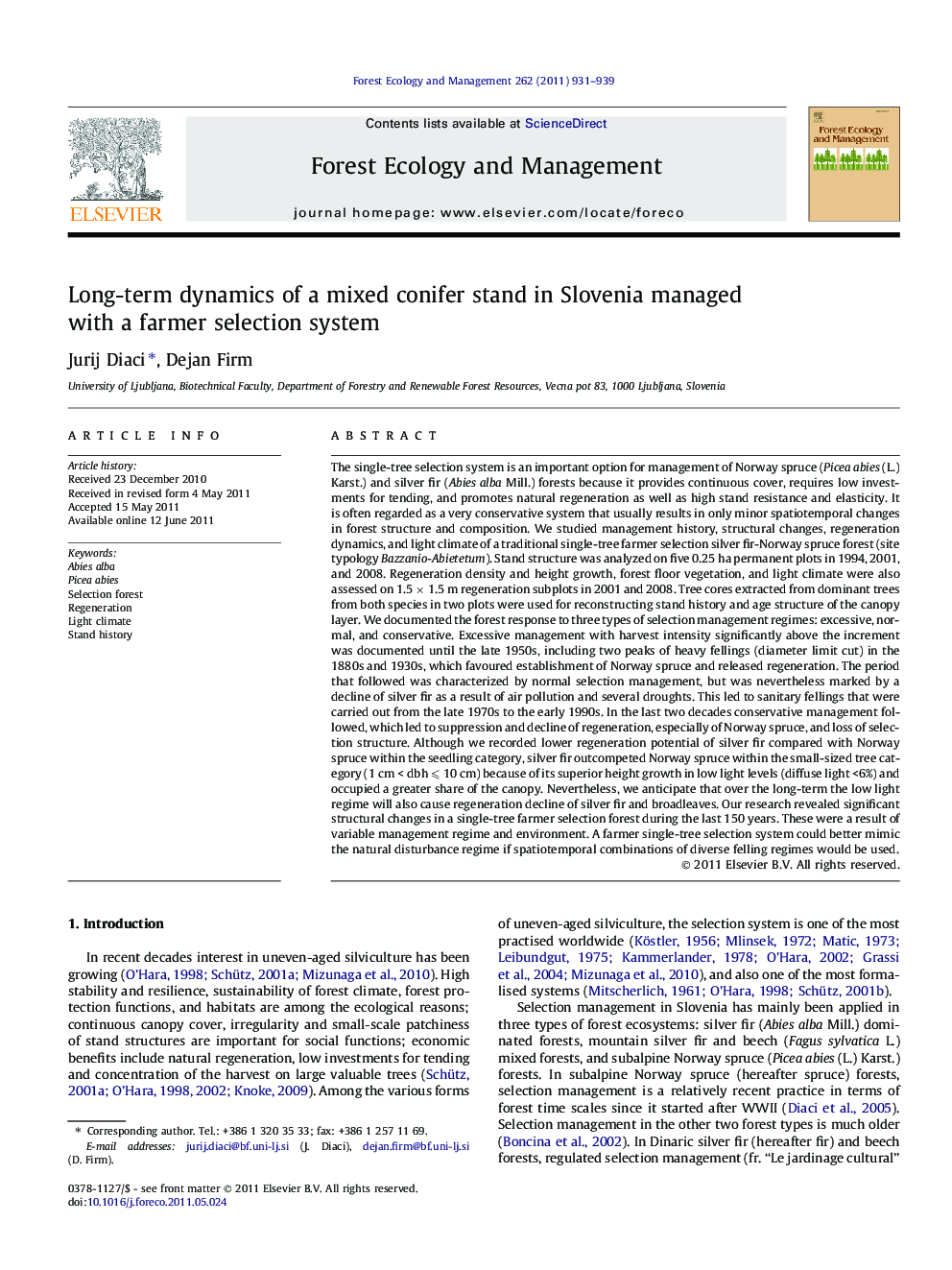 Long-term dynamics of a mixed conifer stand in Slovenia managed with a farmer selection system