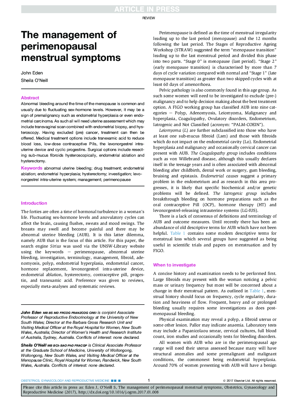 The management of perimenopausal menstrual symptoms