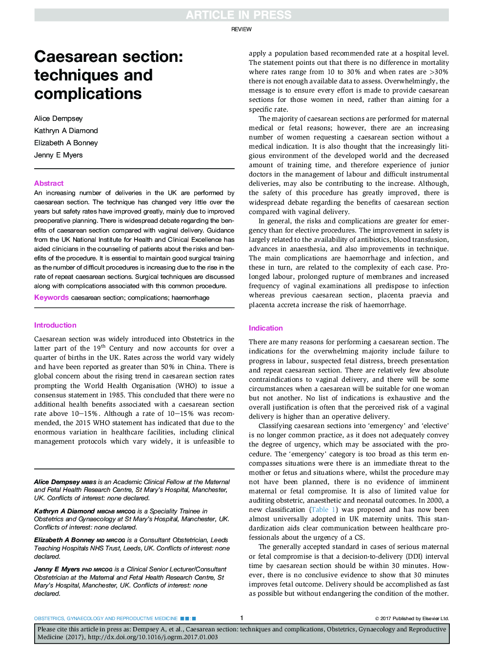 Caesarean section: techniques and complications