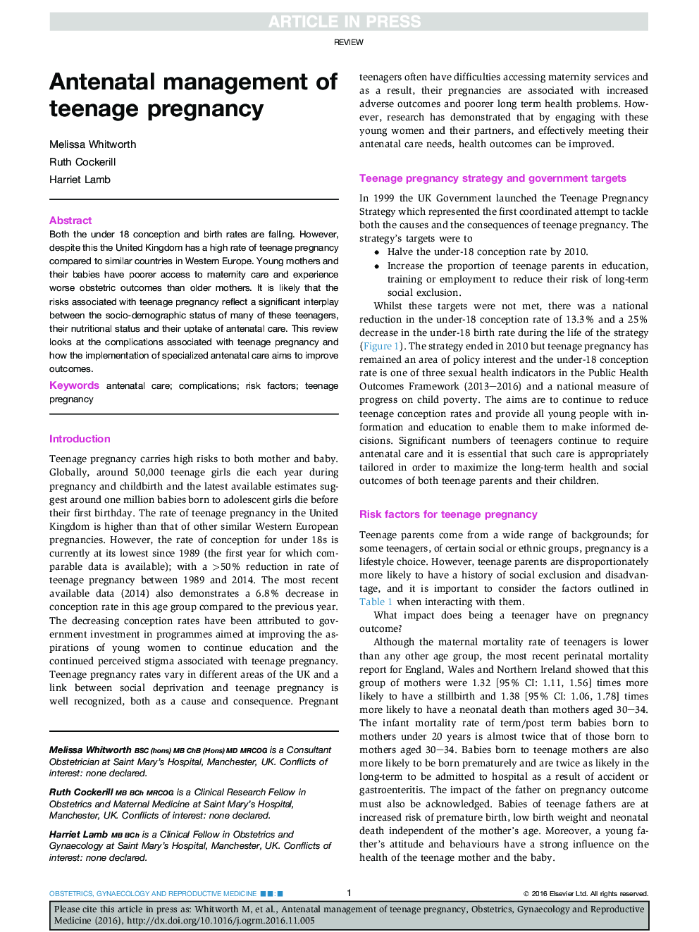 Antenatal management of teenage pregnancy