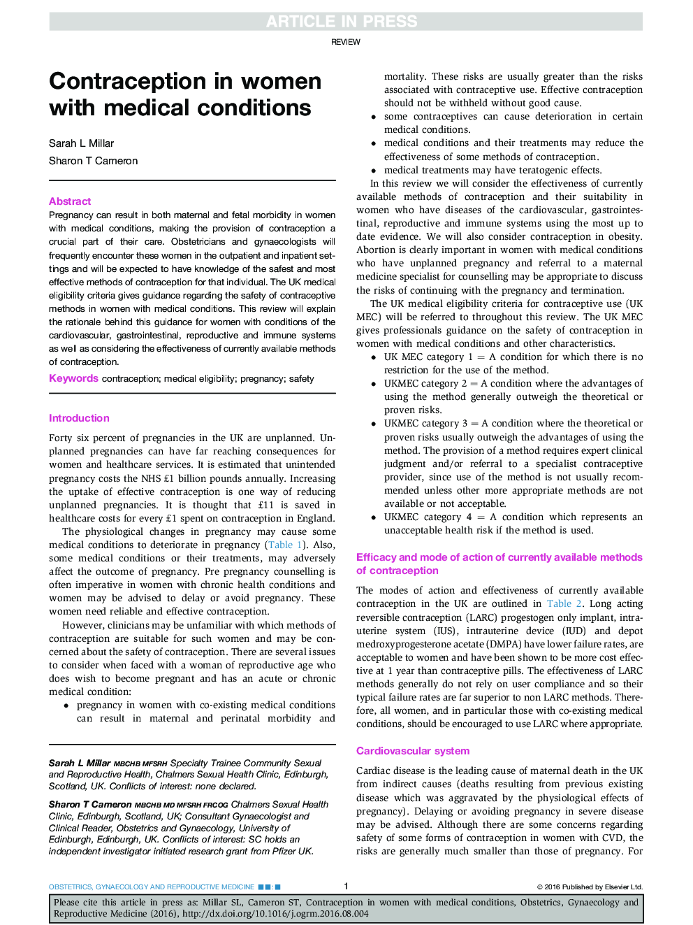 Contraception in women with medical conditions