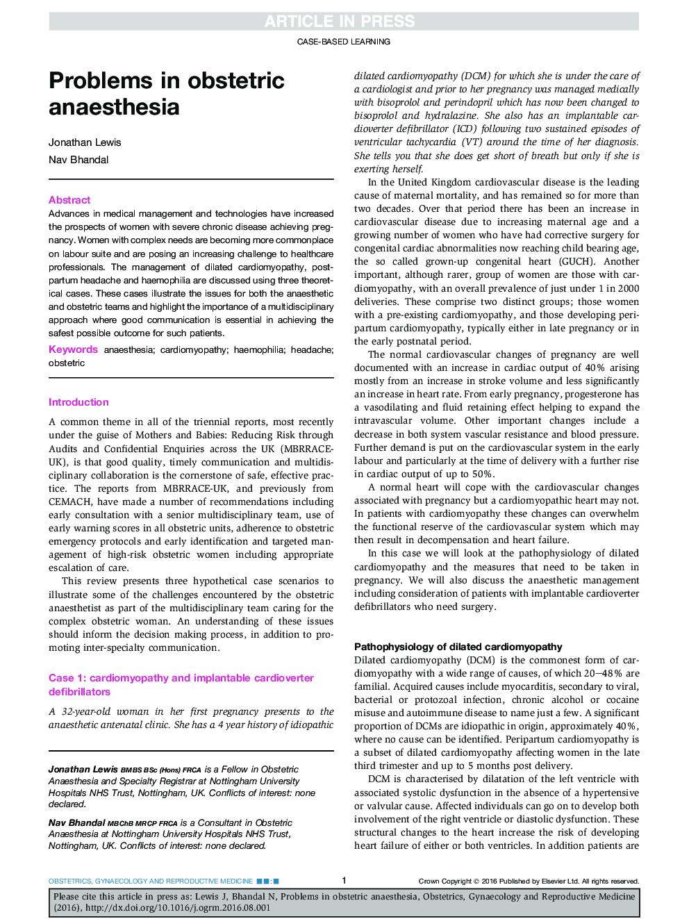 Problems in obstetric anaesthesia