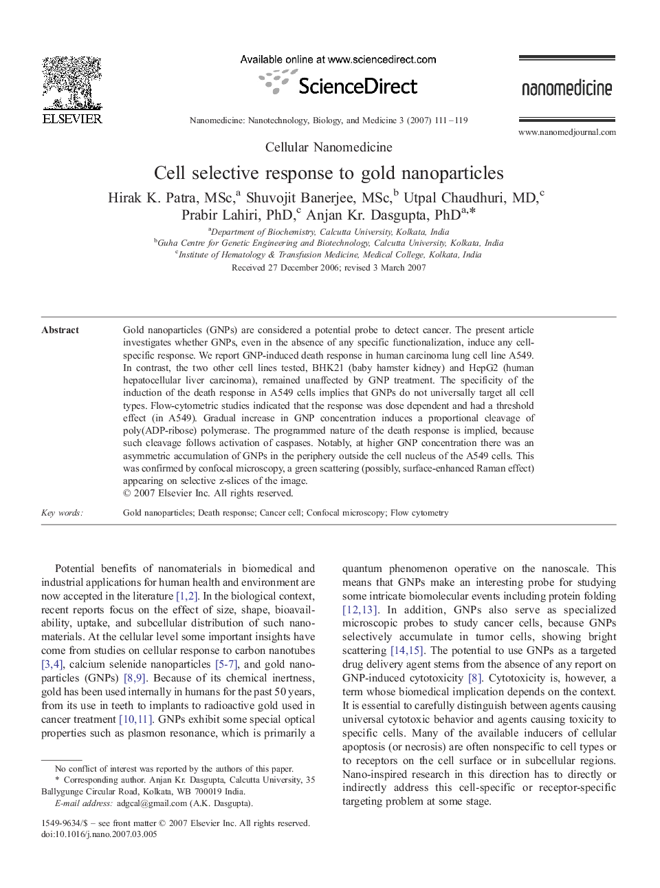 Cell selective response to gold nanoparticles 