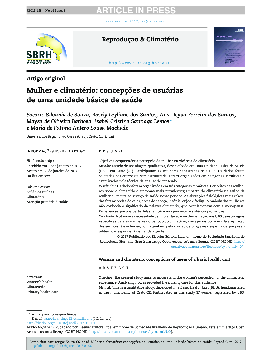 Mulher e climatério: concepçÃµes de usuárias de uma unidade básica de saúde