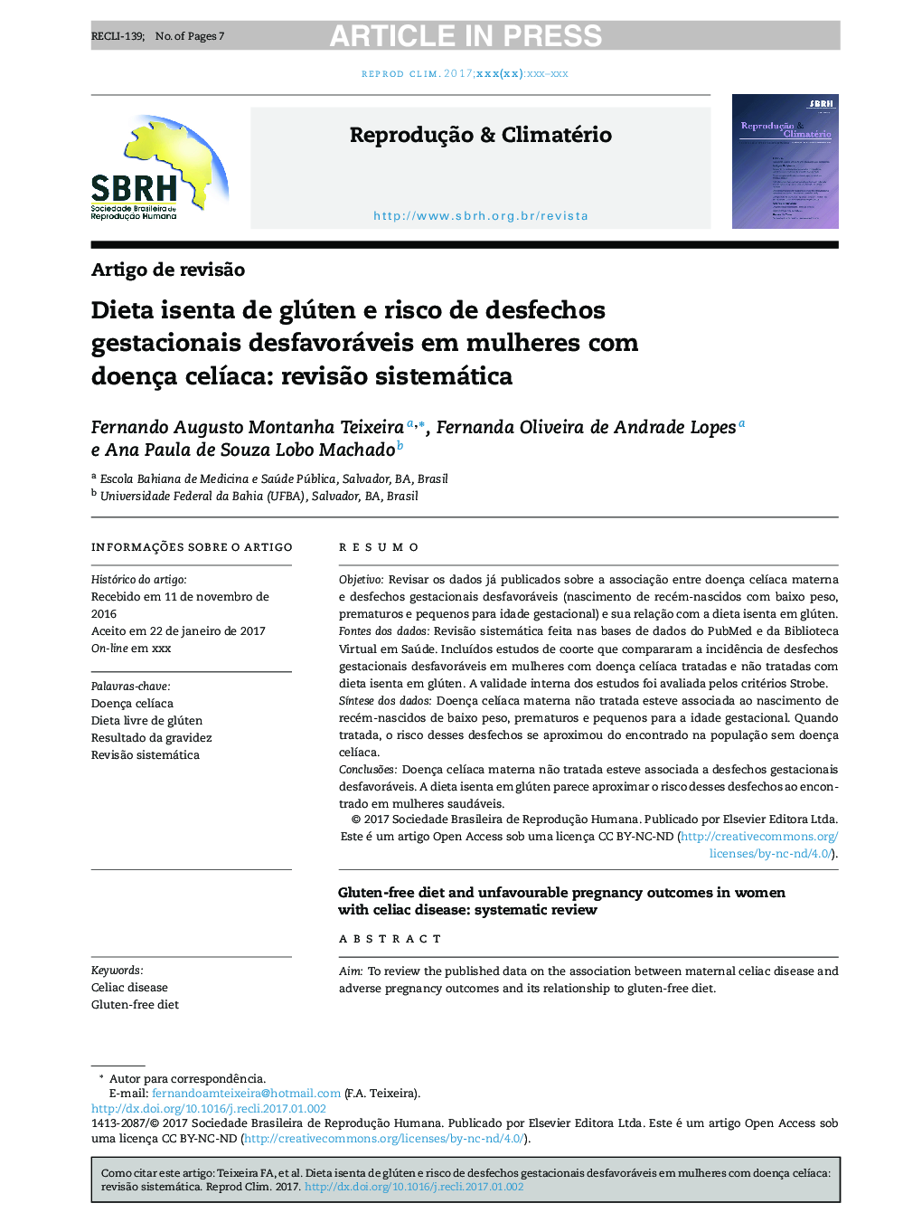 Dieta isenta de glúten e risco de desfechos gestacionais desfavoráveis em mulheres com doença celÃ­aca: revisÃ£o sistemática