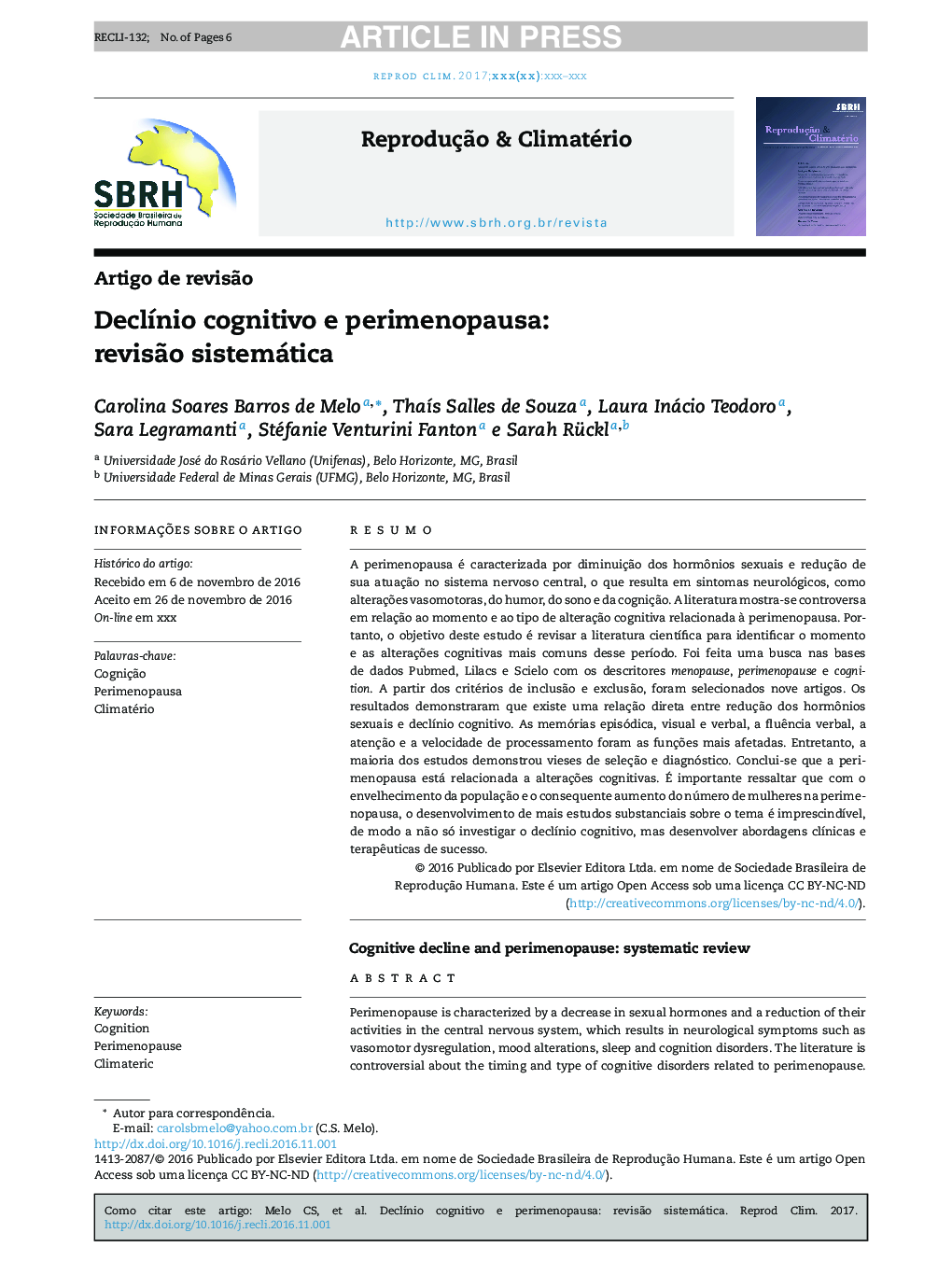 DeclÃ­nio cognitivo e perimenopausa: revisÃ£o sistemática