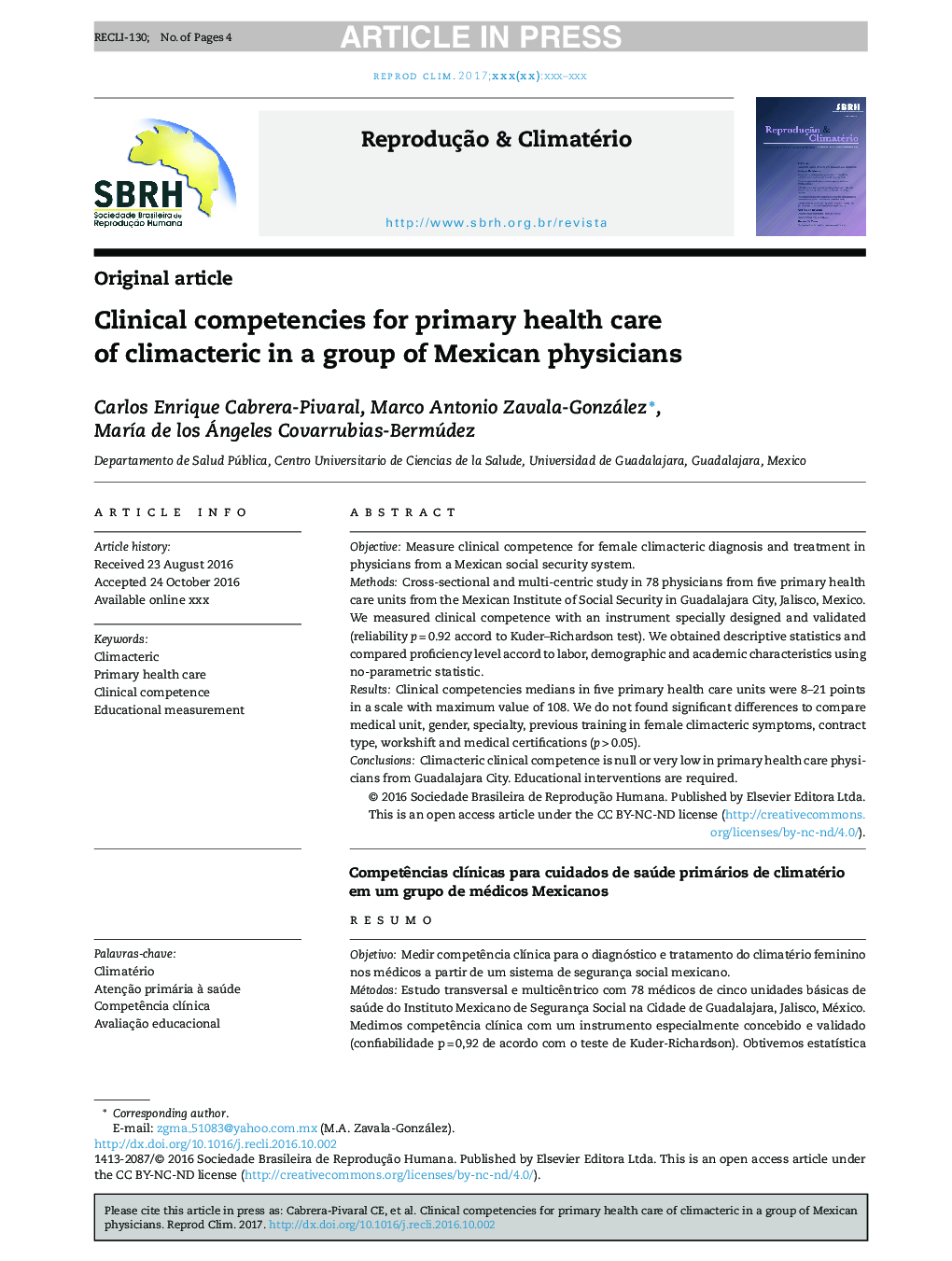 Clinical competencies for primary health care of climacteric in a group of Mexican physicians