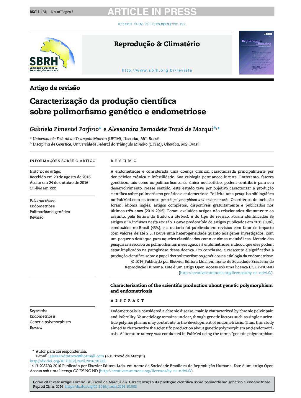 CaracterizaçÃ£o da produçÃ£o cientÃ­fica sobre polimorfismo genético e endometriose