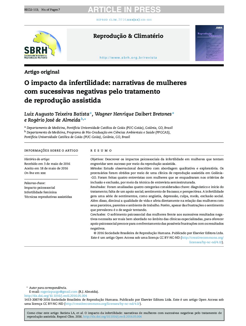 O impacto da infertilidade: narrativas de mulheres com sucessivas negativas pelo tratamento de reproduçÃ£o assistida