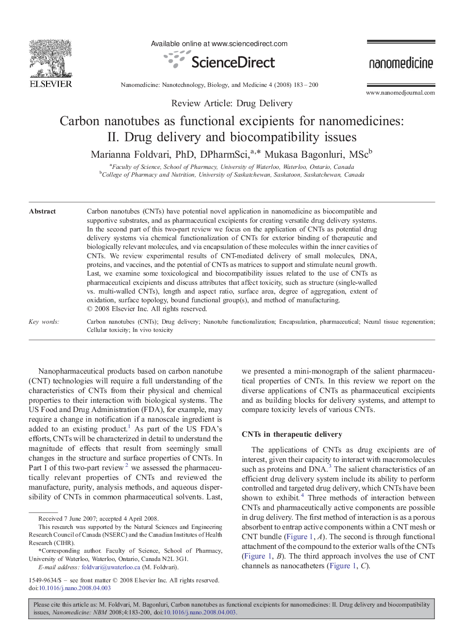 Carbon nanotubes as functional excipients for nanomedicines: II. Drug delivery and biocompatibility issues 