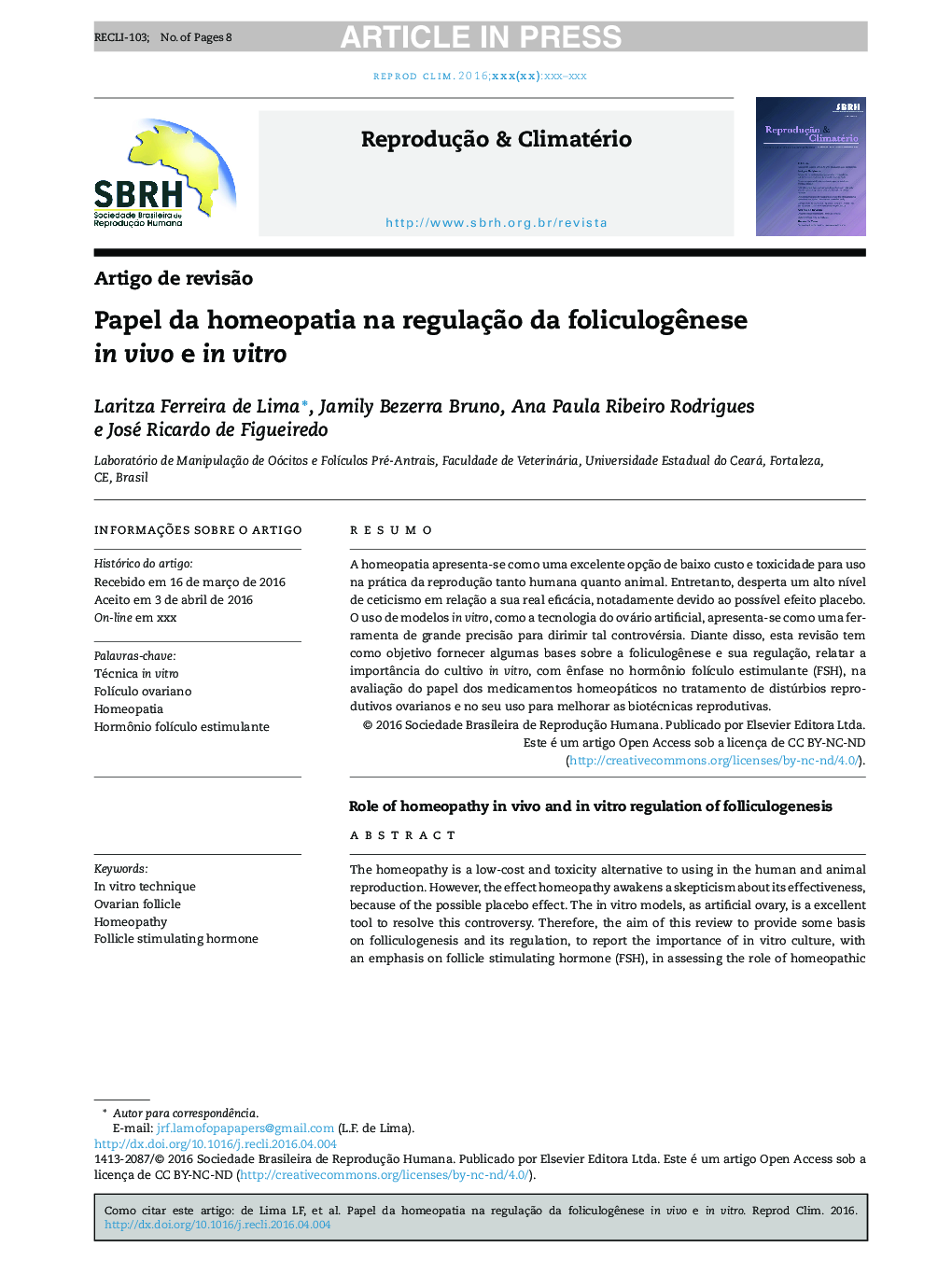 Papel da homeopatia na regulaçÃ£o da foliculogÃªnese in vivo e in vitro