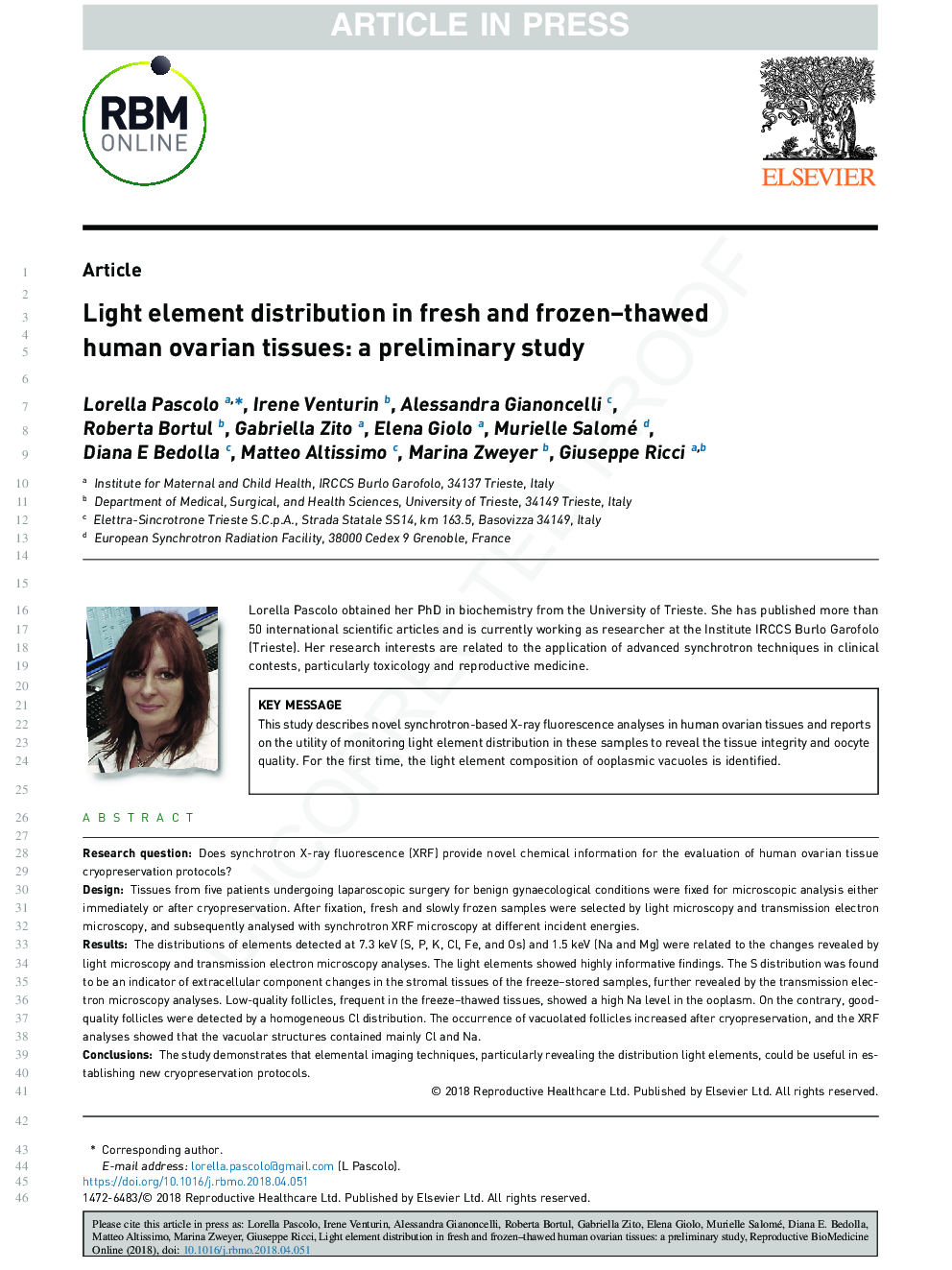 Light element distribution in fresh and frozen-thawed human ovarian tissues: a preliminary study