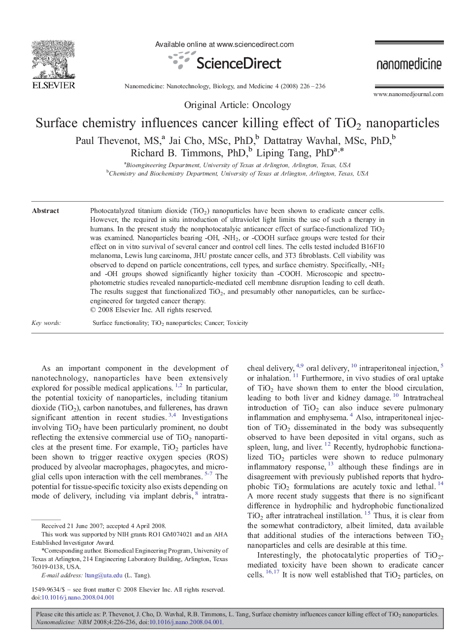 Surface chemistry influences cancer killing effect of TiO2 nanoparticles 