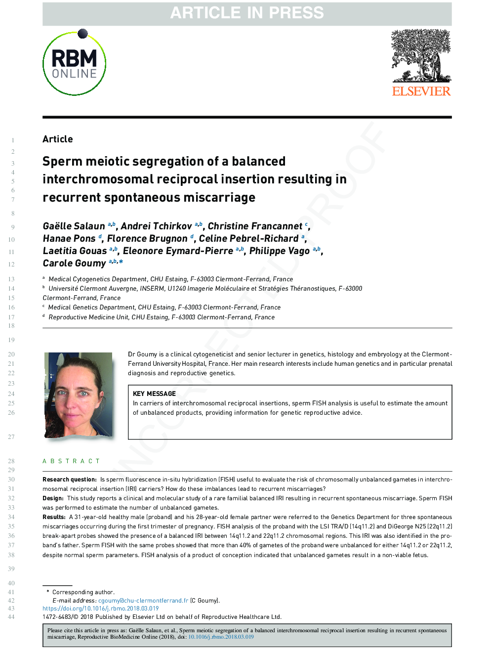 Sperm meiotic segregation of a balanced interchromosomal reciprocal insertion resulting in recurrent spontaneous miscarriage