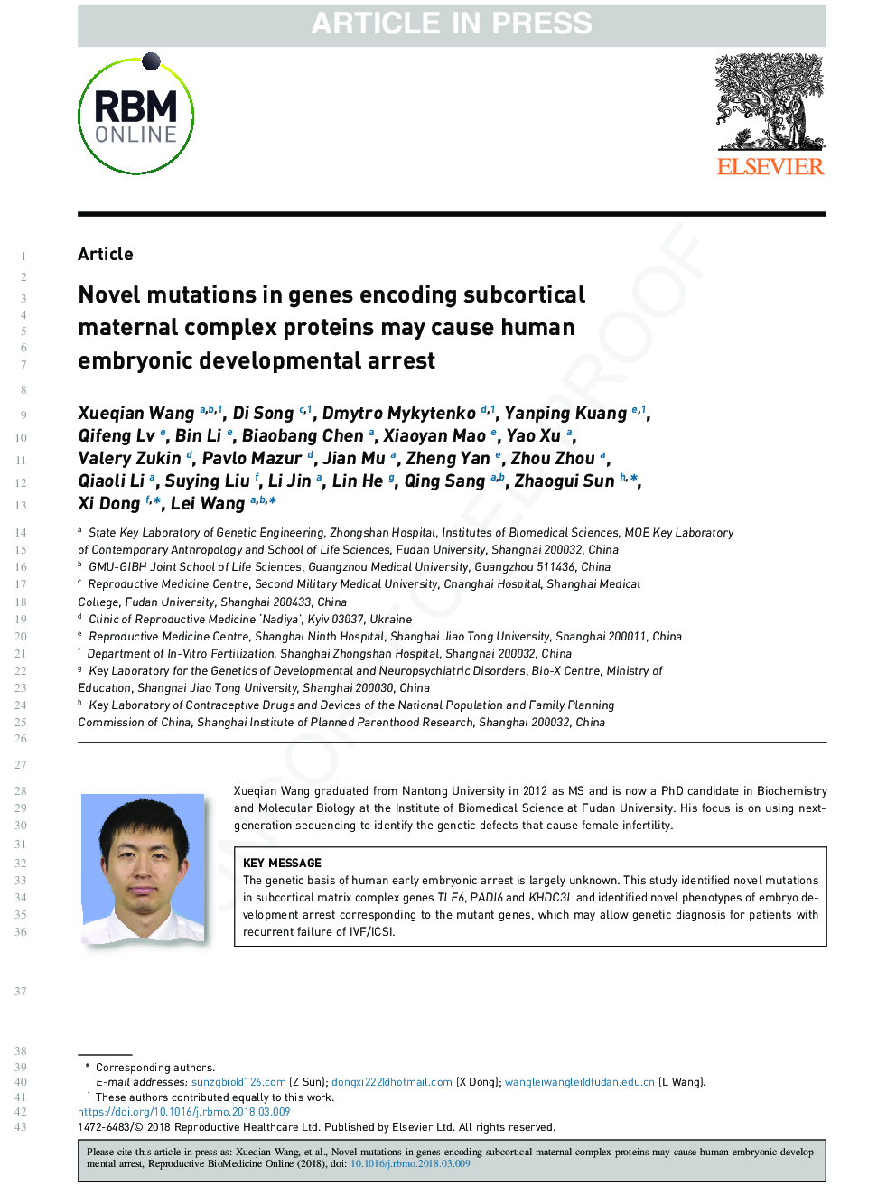 Novel mutations in genes encoding subcortical maternal complex proteins may cause human embryonic developmental arrest