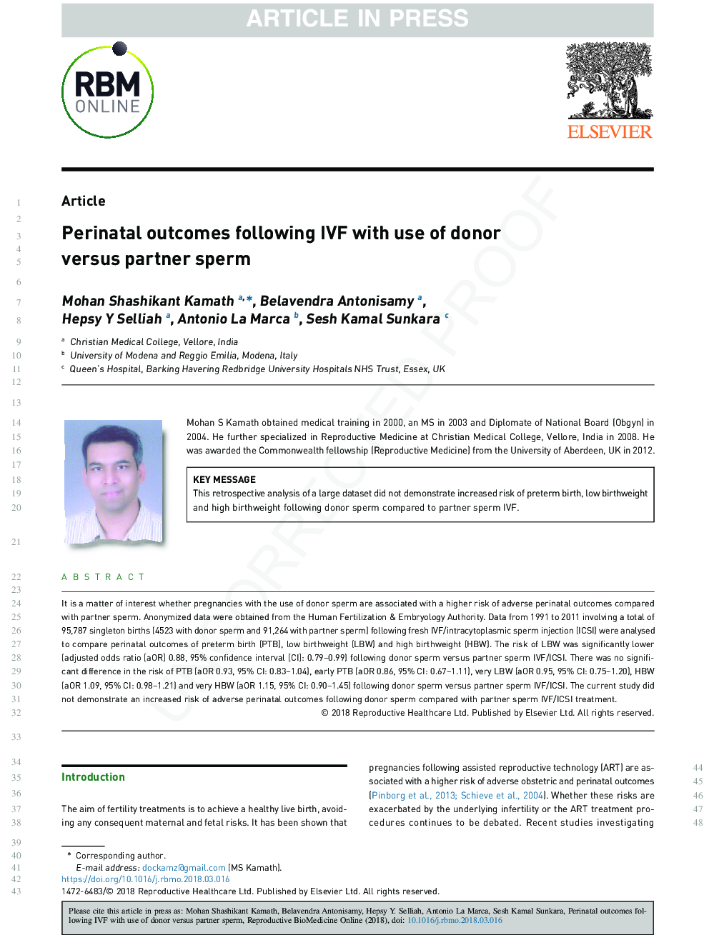 Perinatal outcomes following IVF with use of donor versus partner sperm