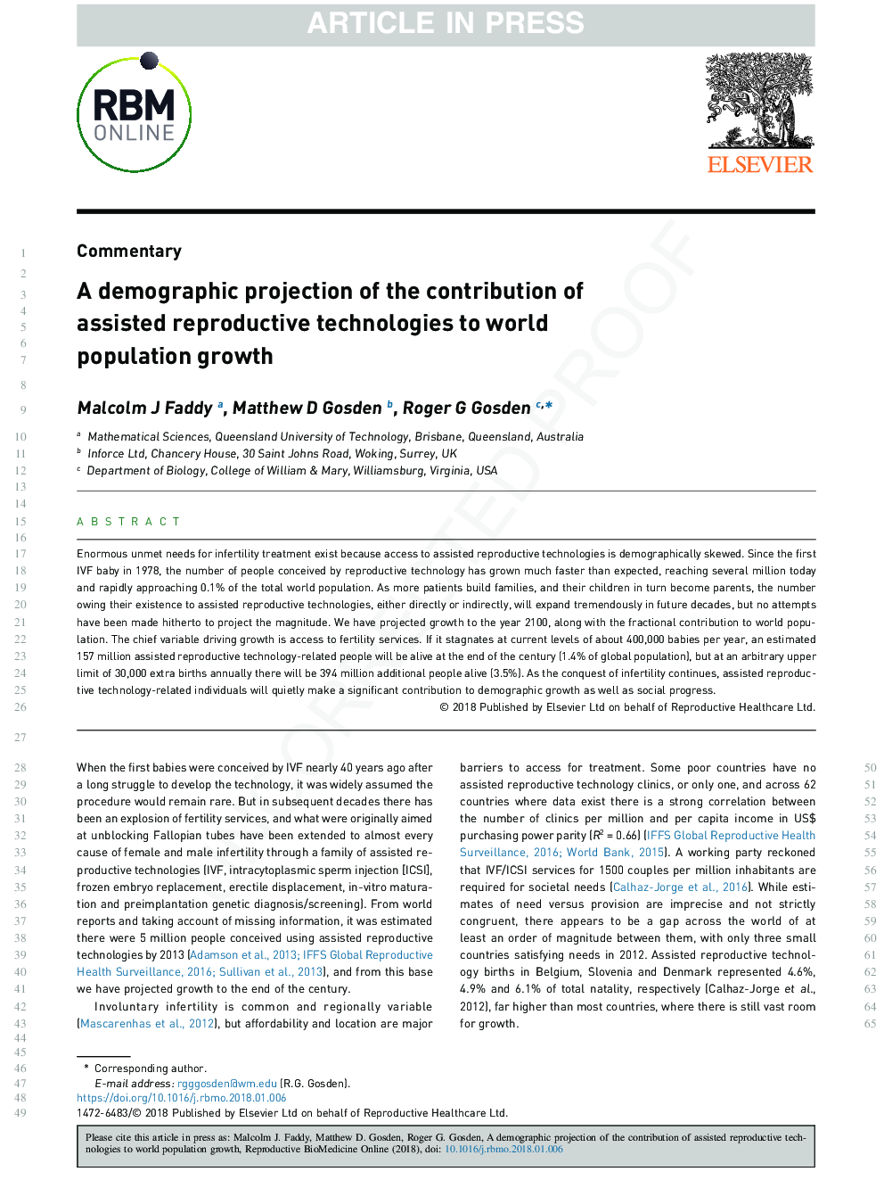 A demographic projection of the contribution of assisted reproductive technologies to world population growth