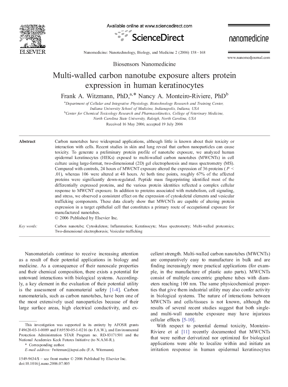 Multi-walled carbon nanotube exposure alters protein expression in human keratinocytes 