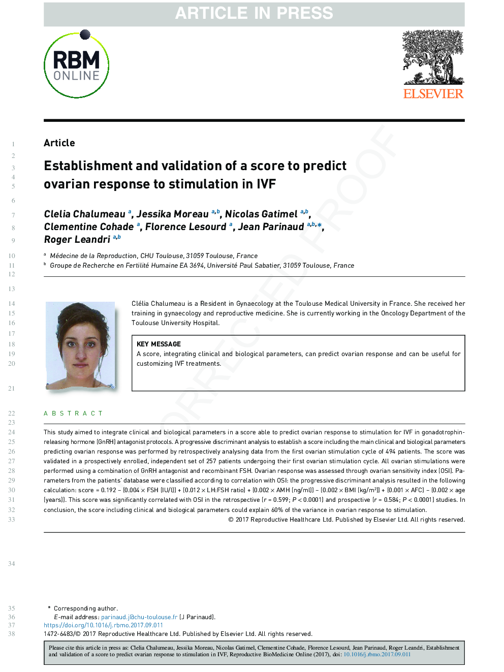 Establishment and validation of a score to predict ovarian response to stimulation in IVF