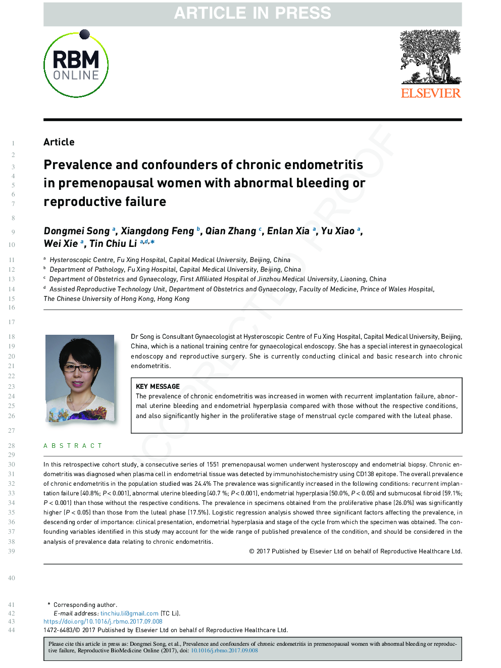Prevalence and confounders of chronic endometritis in premenopausal women with abnormal bleeding or reproductive failure