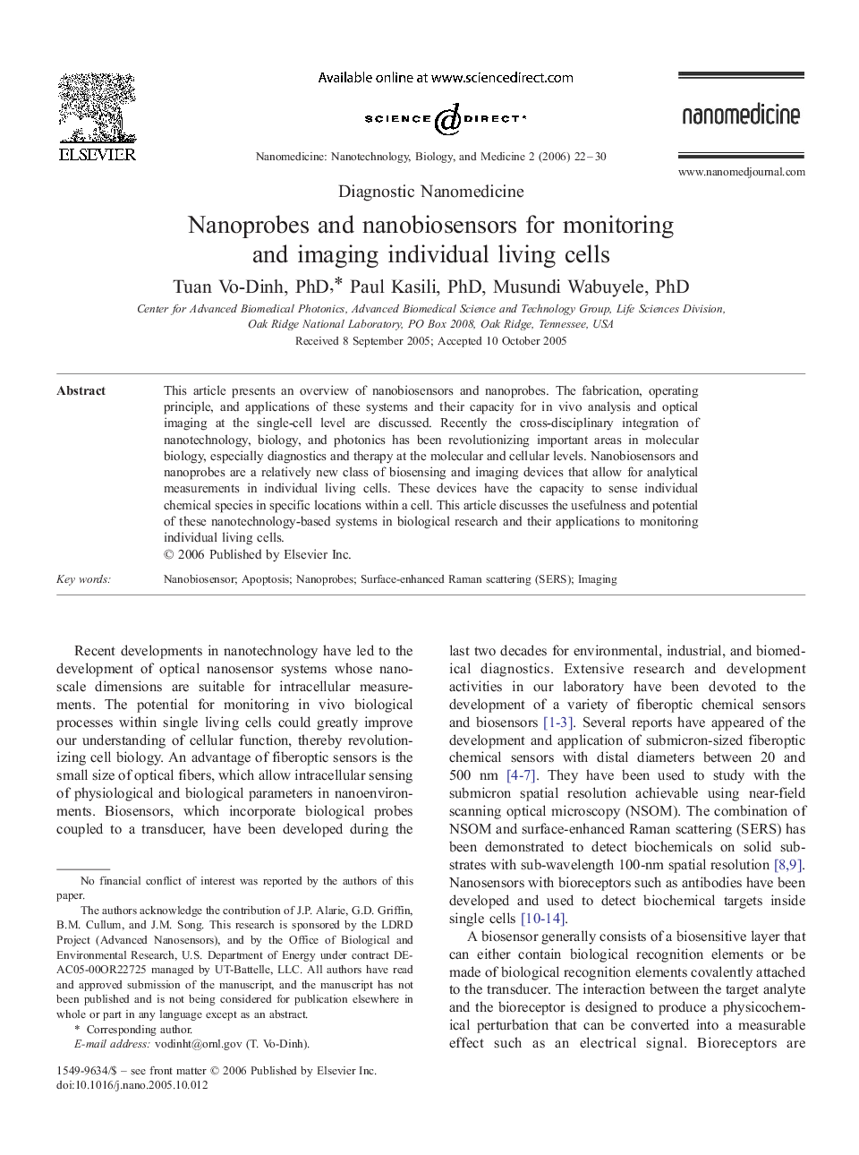 Nanoprobes and nanobiosensors for monitoring and imaging individual living cells 