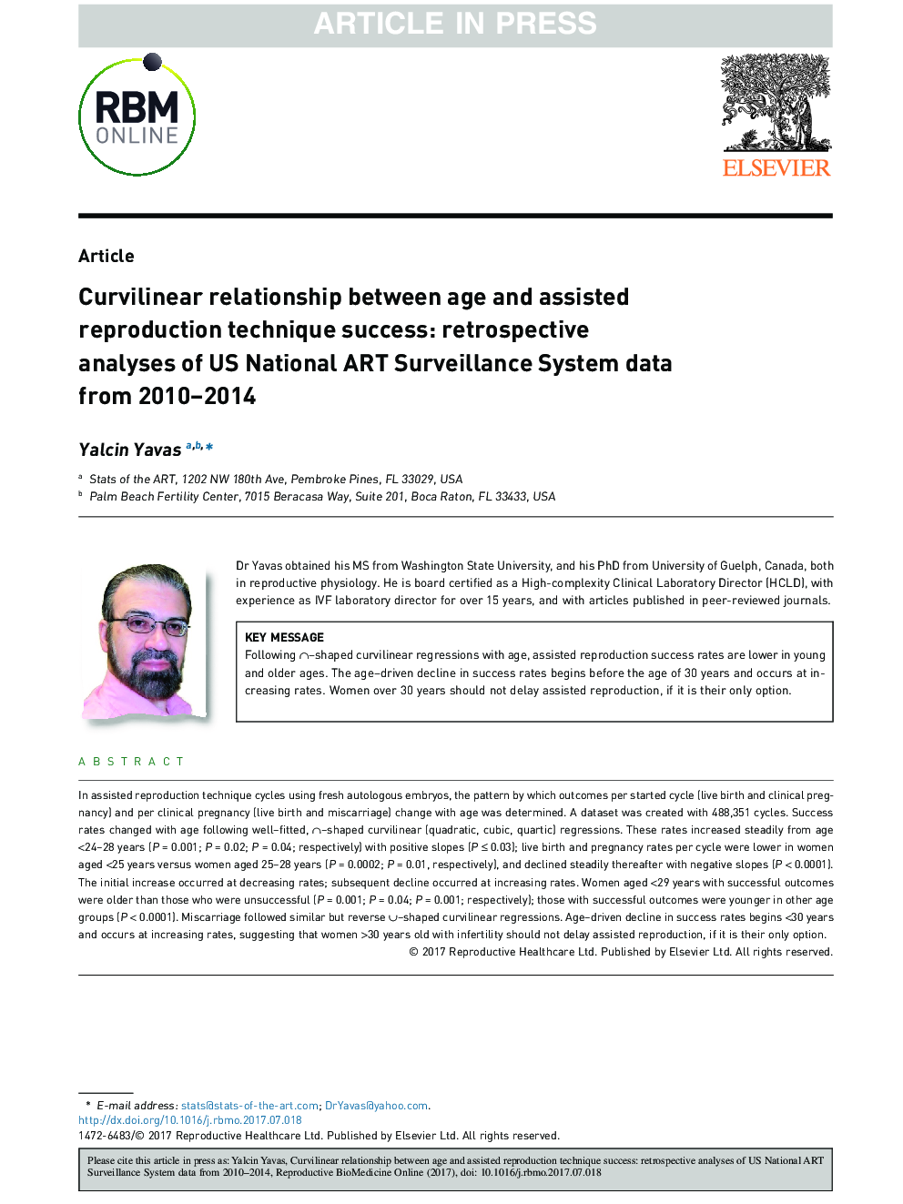 Curvilinear relationship between age and assisted reproduction technique success: retrospective analyses of US National ART Surveillance System data from 2010-2014