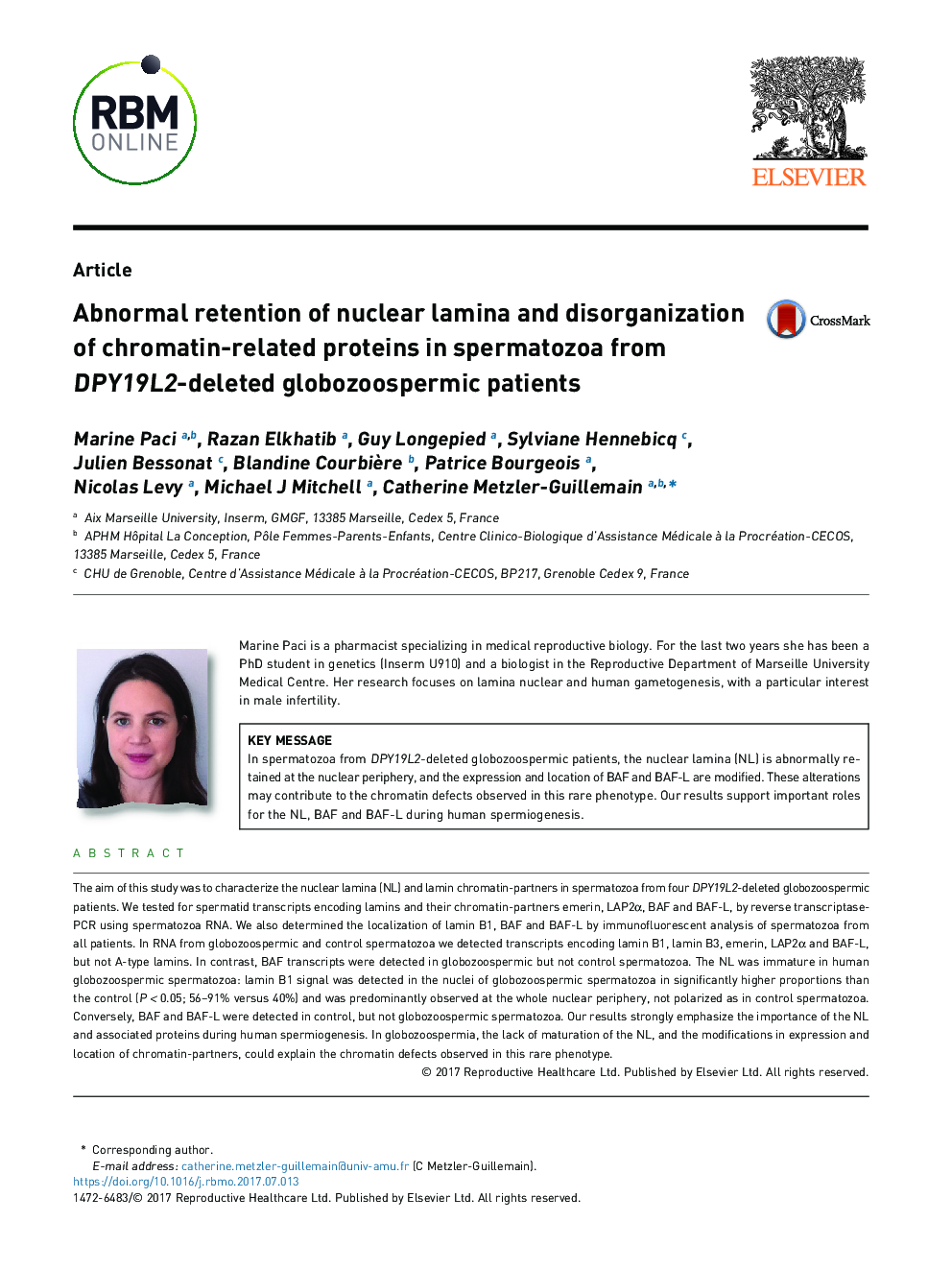 Abnormal retention of nuclear lamina and disorganization of chromatin-related proteins in spermatozoa from DPY19L2-deleted globozoospermic patients