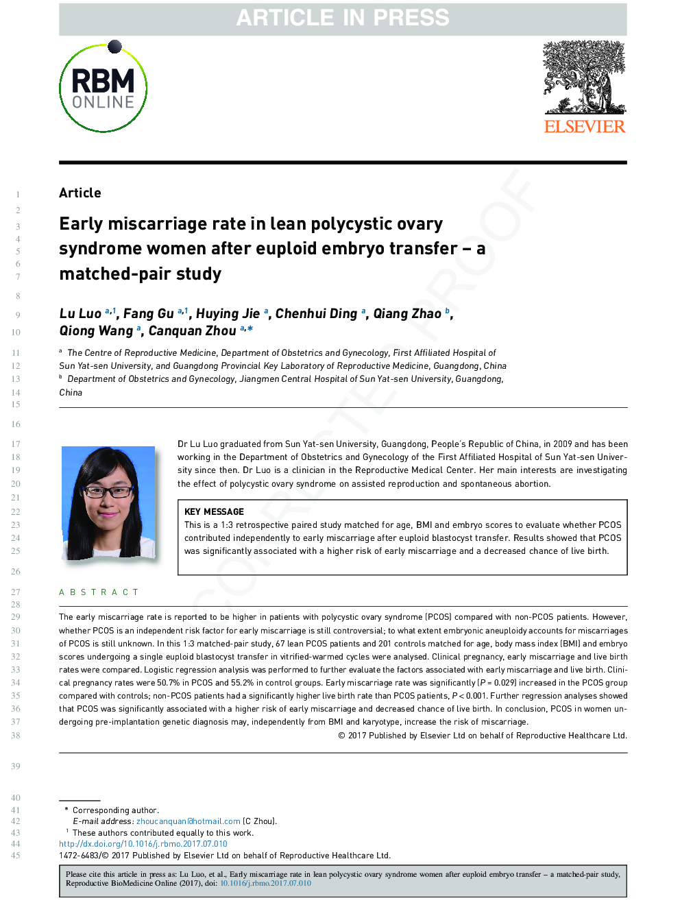 Early miscarriage rate in lean polycystic ovary syndrome women after euploid embryo transfer - a matched-pair study