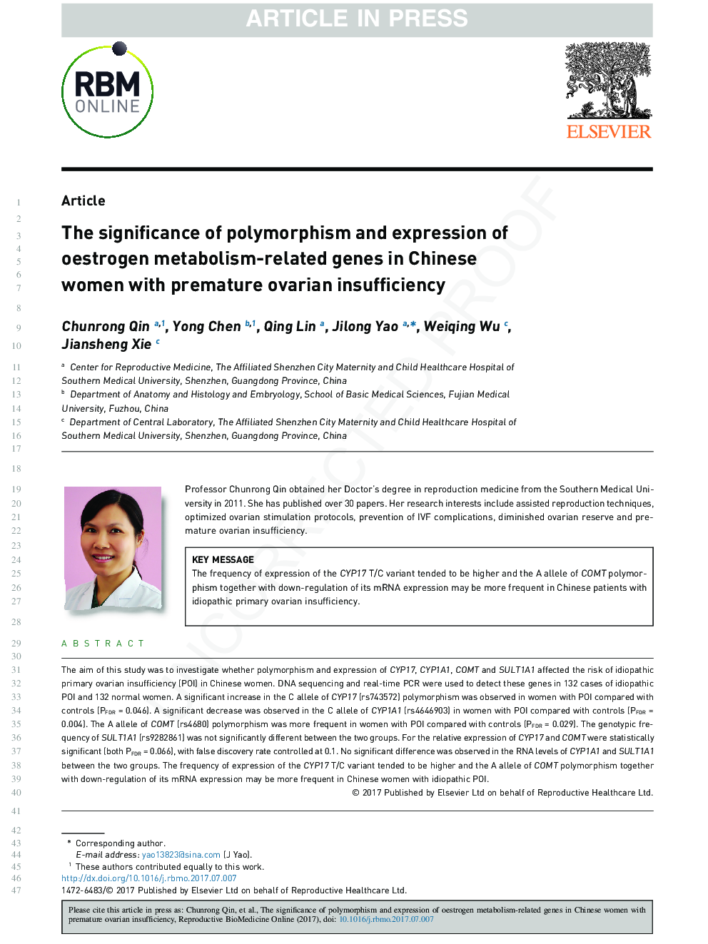 اهمیت پلی مورفیسم و ​​بیان ژن های مرتبط با متابولیسم استروژن در زنان چینی با نارسایی زودرس تخمدان 