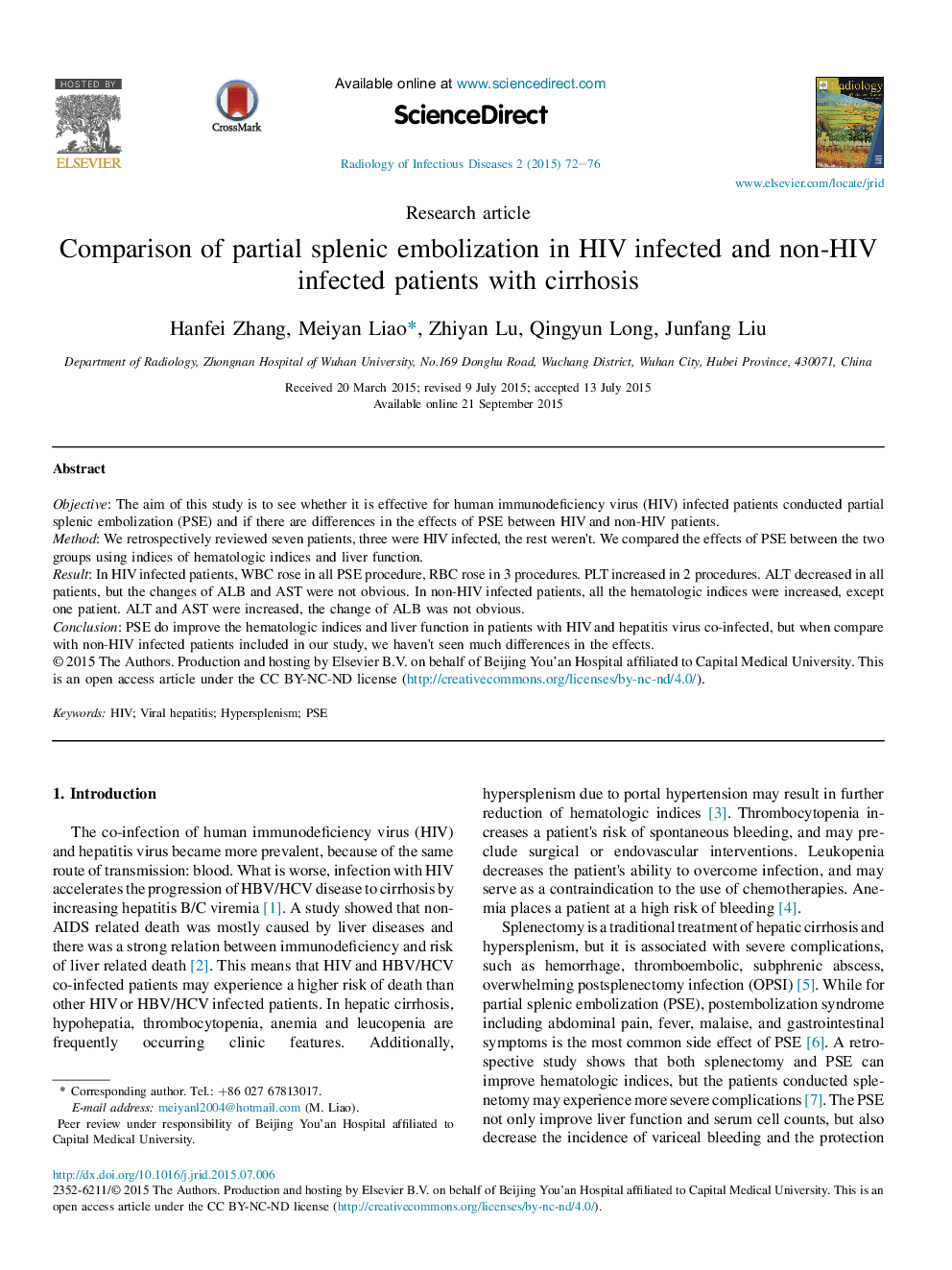 Comparison of partial splenic embolization in HIV infected and non-HIV infected patients with cirrhosis 