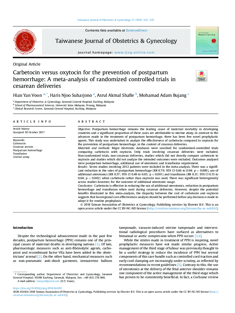 Carbetocin versus oxytocin for the prevention of postpartum hemorrhage: A meta-analysis of randomized controlled trials in cesarean deliveries